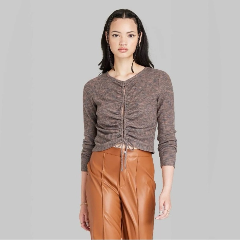 Wild Fable Women's Long Sleeve Lace-Up Cozy Knit Blouse Brown Size Large